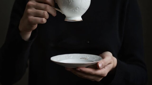 Hands hold a white porcelain teacup and saucer with gold trim