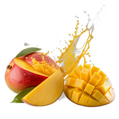 Floating mango slices with golden juice splash transparent background &ndash; tropical fruit photo manipulation
