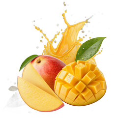 Floating mango slices with golden juice splash transparent background &ndash; tropical fruit photo manipulation