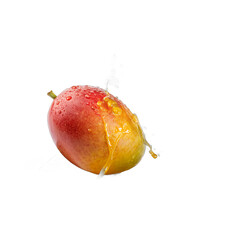 Floating mango slices with golden juice splash transparent background &ndash; tropical fruit photo manipulation