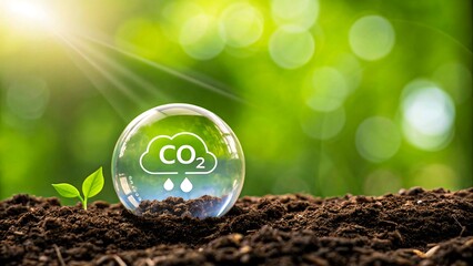 Glass bubble with CO2 emission symbol on soil and green background