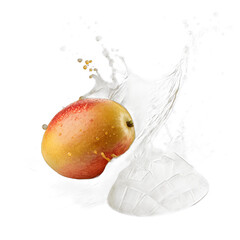 Floating mango slices with golden juice splash transparent background &ndash; tropical fruit photo manipulation
