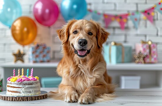 Golden Retriever at Birthday Party. It shows a happy golden retriever amid balloons and cakes. Ideal for pet - related birthday content, animal - loving communities, and pet product promotions.