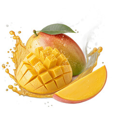 Floating mango slices with golden juice splash transparent background &ndash; tropical fruit photo manipulation