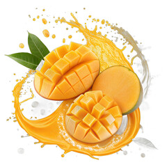 Floating mango slices with golden juice splash transparent background &ndash; tropical fruit photo manipulation