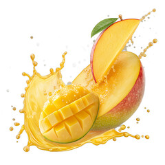 Floating mango slices with golden juice splash transparent background &ndash; tropical fruit photo manipulation