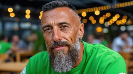 A man with a beard and a green shirt is smiling. He is sitting at a table with other people