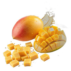 Floating mango slices with golden juice splash transparent background &ndash; tropical fruit photo manipulation