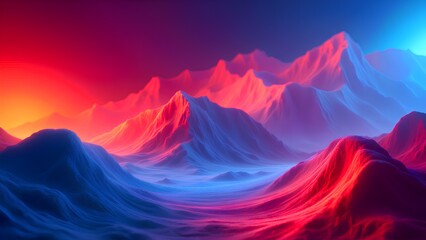 A surreal, snowy mountain landscape is illuminated by a vibrant red and blue light, creating a beautiful and dramatic fantasy scene.