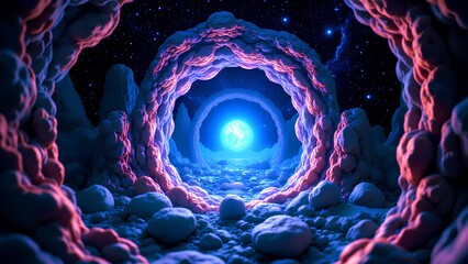 A magical portal made of clouds and rocks on an alien planet opens to a view of a glowing blue star and a cosmic sky. A fantasy landscape.