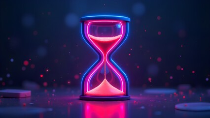 A futuristic hourglass with glowing pink sand and a blue neon frame, counting down time in a modern, abstract concept with sparkling particles.