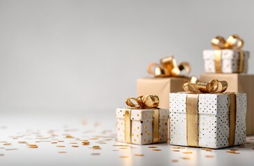 Elegant Gold - Trimmed Gift Boxes. It features beautifully wrapped gifts with gold ribbons and confetti. Ideal for holiday campaigns, luxury brand promotions, and birthday card designs.
