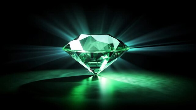 Green emerald diamond jewel shimmering on a dark reflective surface