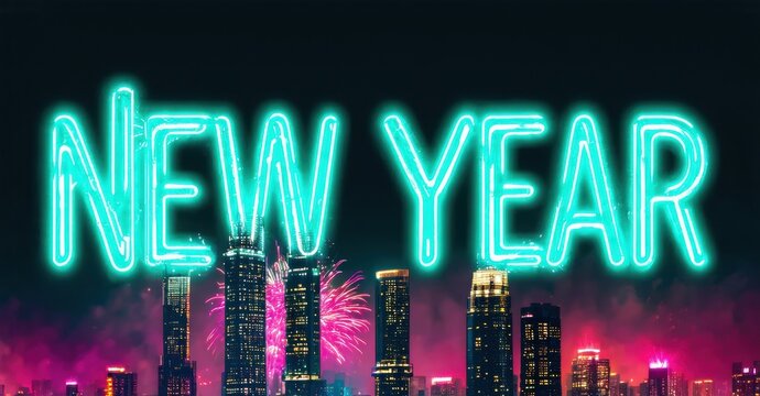 Bright neon text spells New Year above city skyline. Fireworks illuminate night sky, creating festive mood.