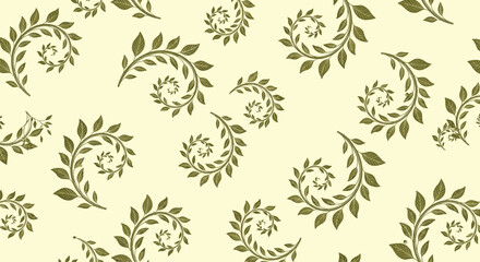 Fototapeta premium Elegant swirling vine leaf pattern on a light yellow background.