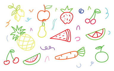 Colorful fruit and vegetable doodles on white background