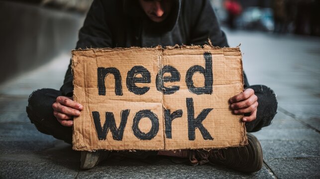 Need work. Unemployed individual holding a cardboard sign reading need work, sitting on city pavement, conveying a sense of urgency and economic distress in a challenging environment