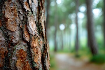 Obraz premium Close-up of a pine tree trunk, with a blurred forest path in the background