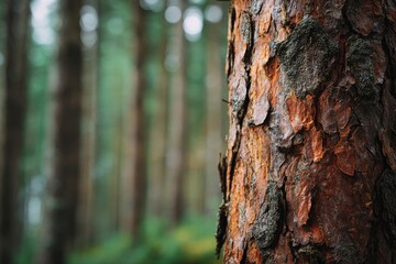 Obraz premium Close-up of a weathered pine tree trunk, with a blurred forest background