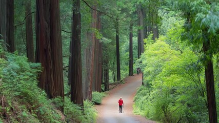 Majestic redwood trees tower over a senior woman enjoying a peaceful walk along a paved path, surrounded by lush ferns and vibrant green foliage in a serene forest setting