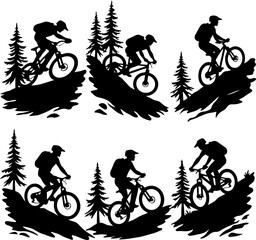 Obraz premium Mountain Biker Silhouette Riding Through Forest Trails Illustration