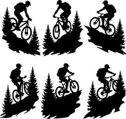 Obraz premium Mountain Biker Silhouette Riding Through Forest Trails Illustration