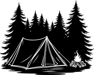 Camping Tent in Pine Forest with Campfire Illustration