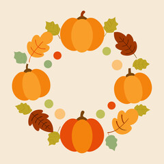 Thanksgiving Autumn Wreath Vector Illustration _ Circular wreath made of pumpkins, acorns, and pinecones.