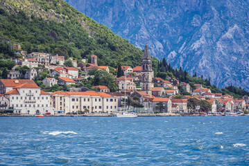 Fototapeta premium Distance view of Perast village on the shore of Kotor Bay, Montenegro