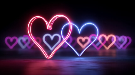 Collection of luminous red and violet neon hearts, isolated transparent PNG, perfect for digital art and Valentine themes, 4K realism