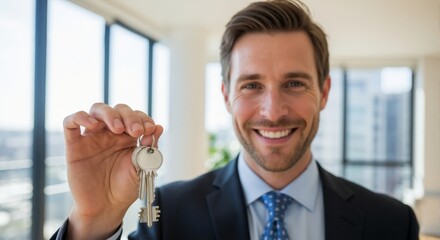 Smiling real estate agent holding keys to a new house. Professional man offering property after a successful sale. Home ownership and investment concept