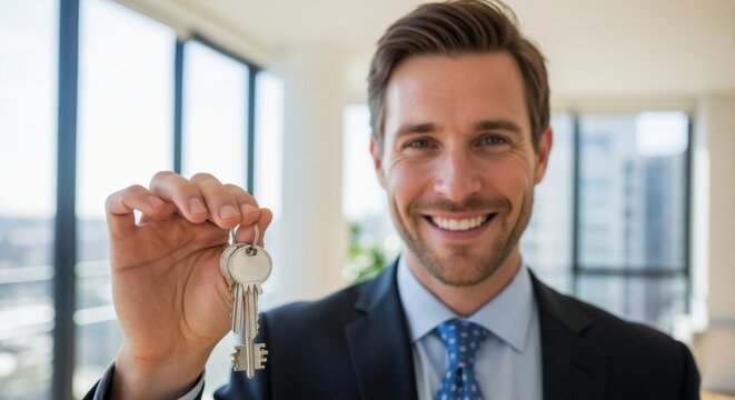 Smiling real estate agent holding keys to a new house. Professional man offering property after a successful sale. Home ownership and investment concept