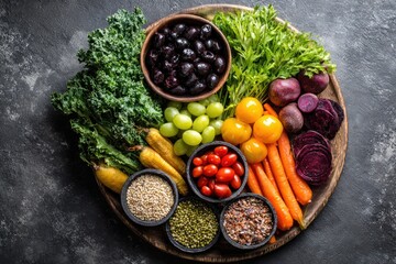 Colorful Vegan Platter with Fresh Vegetables, Fruits, and Grains.