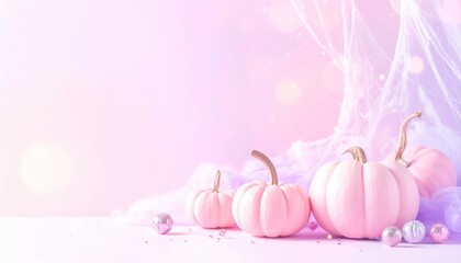 Halloween pastel pink wallpaper with glowing pumpkins cobwebs and sparkling gradient