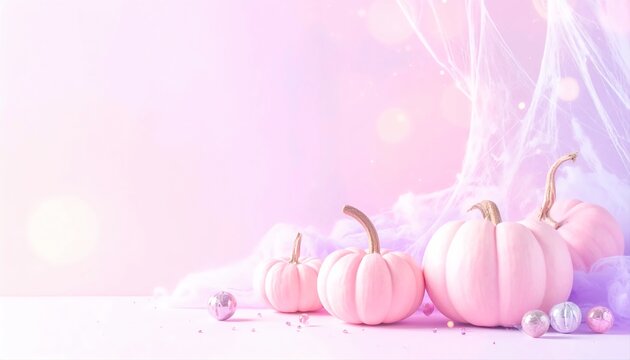 Fototapeta Halloween pastel pink wallpaper with glowing pumpkins cobwebs and sparkling gradient