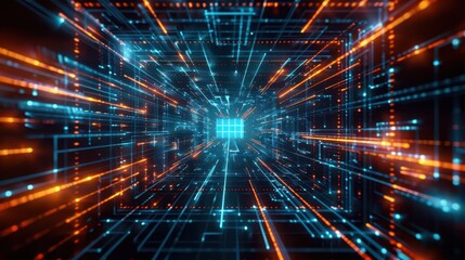 Obraz premium Futuristic cyber grid with glowing lines and digital perspective