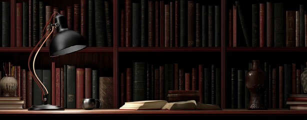 Dark study with antique bookshelves and a vintage desk lamp