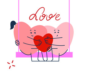 A loving couple on a swing. Heart characters. Valentine s Day.