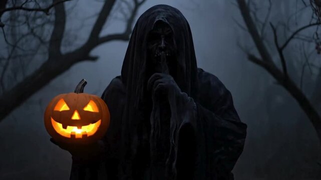 A dark and macabre scene featuring a figure in a scary Halloween costume, resembling the Grim Reaper or a nightmare spirit. 