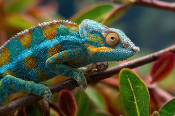 Obraz premium Close-up of a vibrant blue and yellow chameleon on a branch