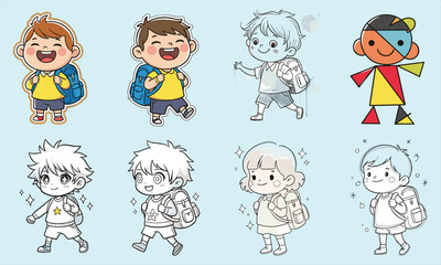 Cartoon school kids with backpacks, cute children vector, back to school illustration, happy students drawing, colorful character design