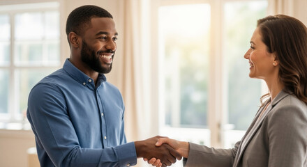African American man shaking hands with a female real estate agent. Successful home buying and property investment deal. Business agreement and client partnership