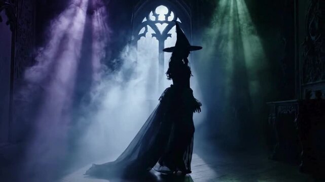A witch is seen as a dark silhouette walking in a dark room filled with volumetric smoke and shafts of magical light. 