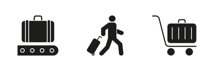 Luggage And Travel Icons Solid Icon Set. Airport Baggage Handling, Traveler Movement, And Luggage Cart Silhouette Symbol Collection. Travel And Transportation Concepts. Isolated Vector Illustration