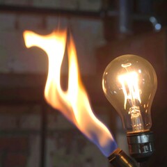 Burning flame near lightbulb