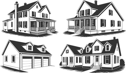Black and white linocut illustration of suburban family houses with porches, windows, garages and trees in vintage architectural style