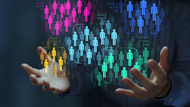 Cluster analysis in marketing and statistical data. Customer segmentation strategy. Marketer analyzing the target market.