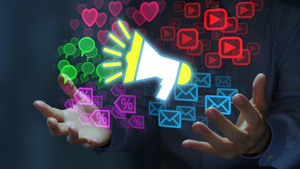 Online campaigns and social media promotion. Digital marketing strategies. Marketer holding megaphone icon.