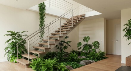 Modern interior staircase with lush indoor plants and wood flooring