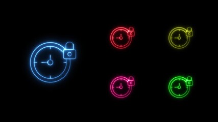 Collection of glowing neon clock and padlock animations in various vibrant colors on a black background. Time management. Security. Deadline. Protection. Access control - Powered by Adobe